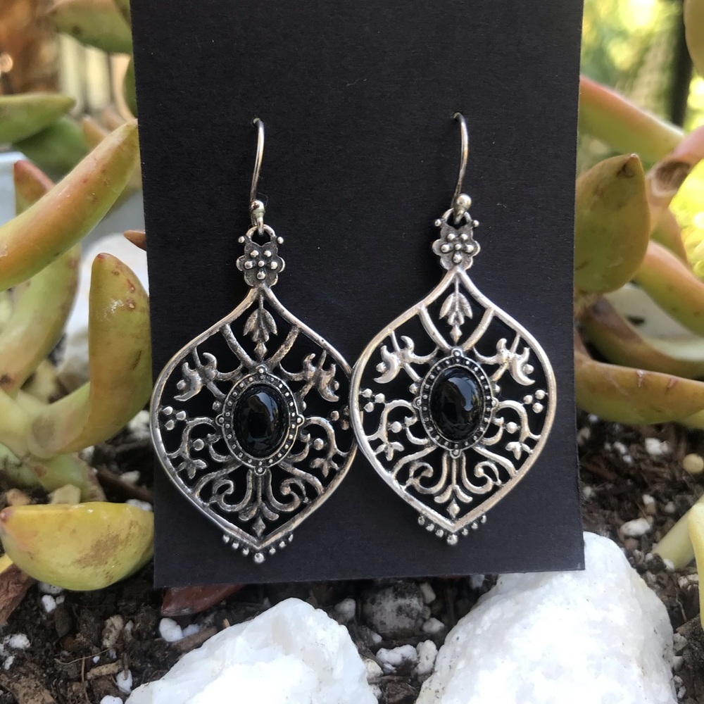Silver and Black Bead Earrings